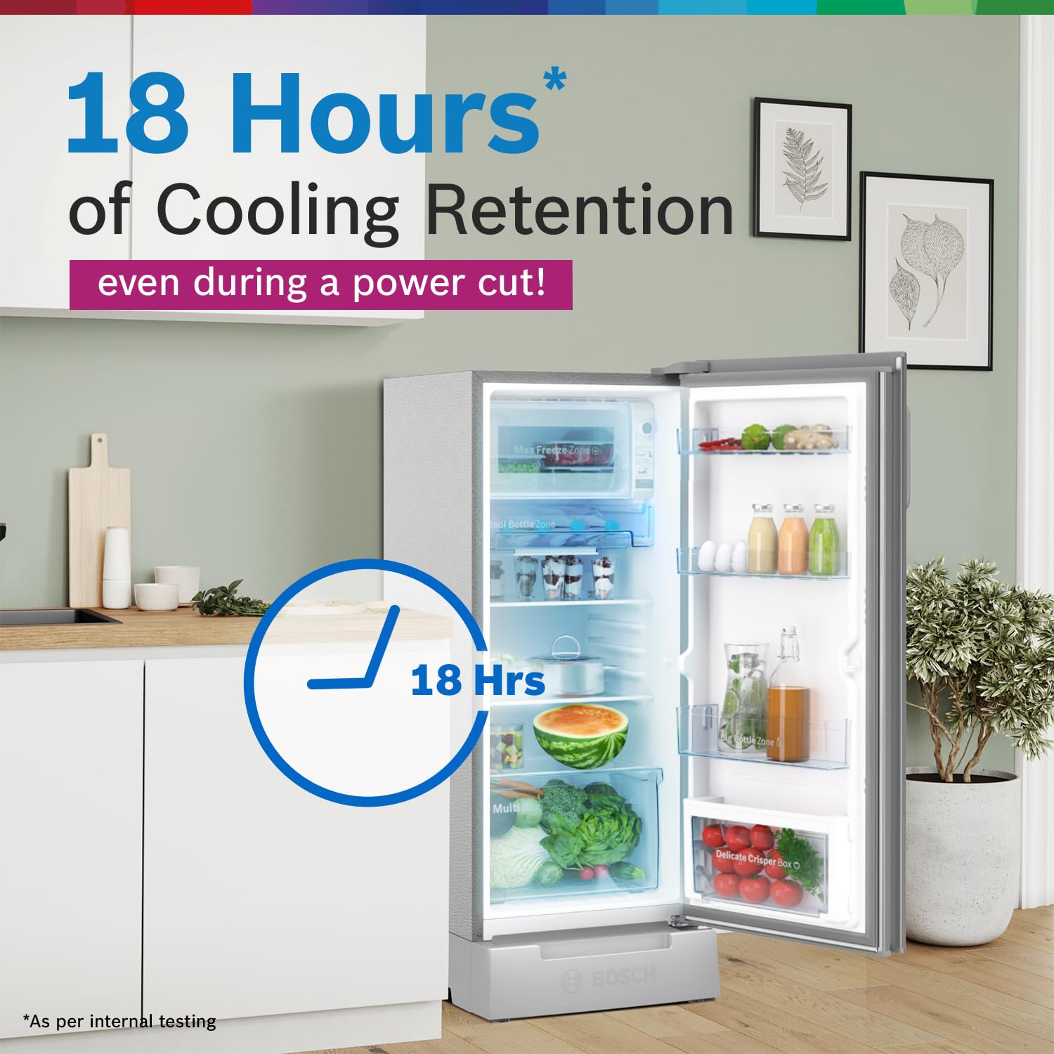 Bosch SmartChoice 207 L, 3 Star, Single Door Refrigerator with Industry's largest base drawer & veg box*(CST20S23PI,Fine Steel) |18 Hr Cooling Retention, 2.5x Faster Cooling, smart inverter compressor