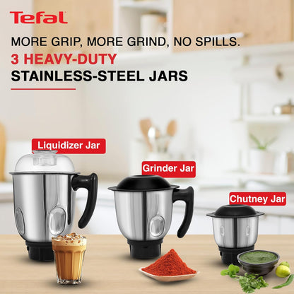 Tefal Grindmax HD 1000W Copper Motor with Durable Ball Bearing Mixer Grinder with 3 Leak-Proof Heavy Duty Jars, High-Speed 20,000 RPM Motor, Europe’s No.1 Brand, Best Mixer Grinder for Indian Cooking