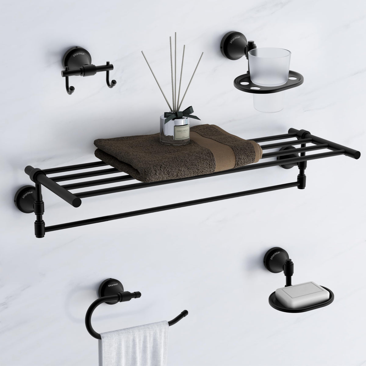 Plantex 304 Grade Stainless Steel Bathroom Accessories Set of 5 - Towel Stand/Napking Ring/Soap Stand/Toothbrush Holder/Robe Hanger - Niko (Black)-1