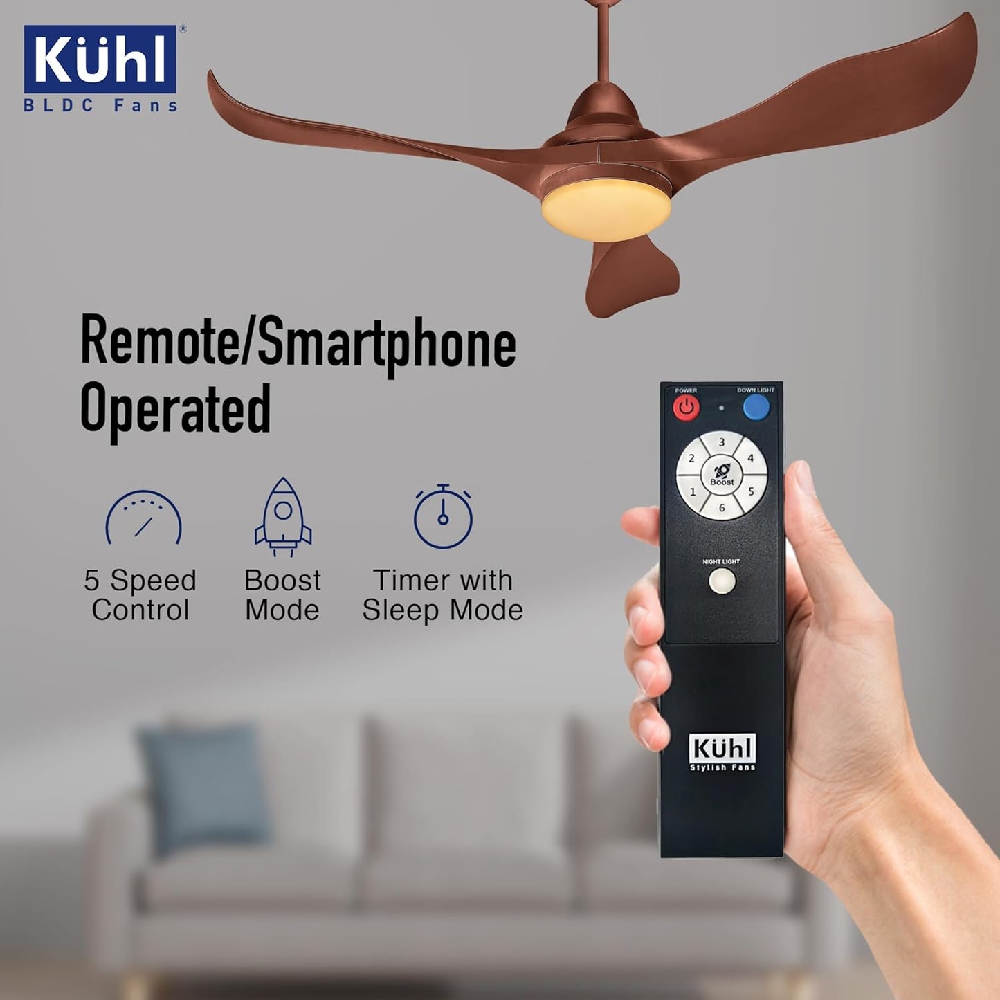KUHL Glanz F3 1320MM 65% Power Saving BLDC Ceiling Fan | BEE 5 Star Rated & ISI Marked | High Air Flow | 5Year Warranty on Motor By Brand |Free Installation | IoT Operate via Mobile & Alexa | Brown