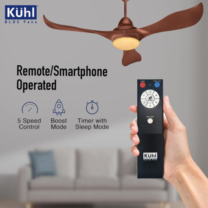 KUHL Glanz F3 1320MM 65% Power Saving BLDC Ceiling Fan | BEE 5 Star Rated & ISI Marked | High Air Flow | 5Year Warranty on Motor By Brand |Free Installation | IoT Operate via Mobile & Alexa | Brown
