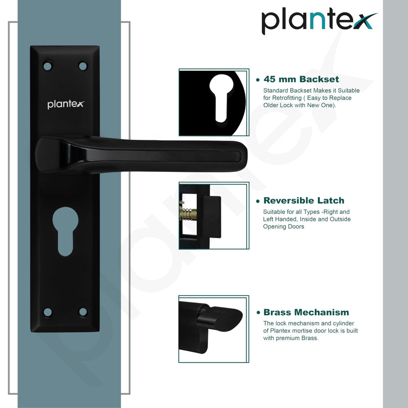Plantex Heavy-Duty Door Lock Set - Main Door Lock Plate Handle Set/6-Lever Mechanism Mortise Locks with 3 Keys/Brass Locks Body & Cylinder (PTP-012- Black)-6