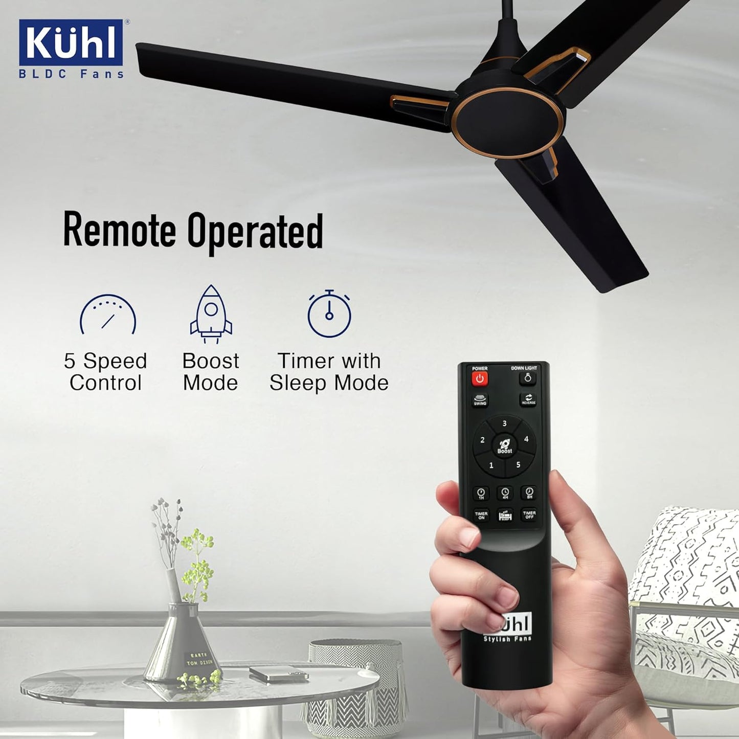 KUHL Prima A1 1200 mm BLDC 65% Power Saving BLDC Ceiling Fan With Remote | BEE 5 Star Rated & ISI Marked | High Air Flow | 5 Year Brand Warranty | Black