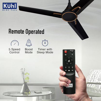 KUHL Prima A1 1200 mm BLDC 65% Power Saving BLDC Ceiling Fan With Remote | BEE 5 Star Rated & ISI Marked | High Air Flow | 5 Year Brand Warranty | Black