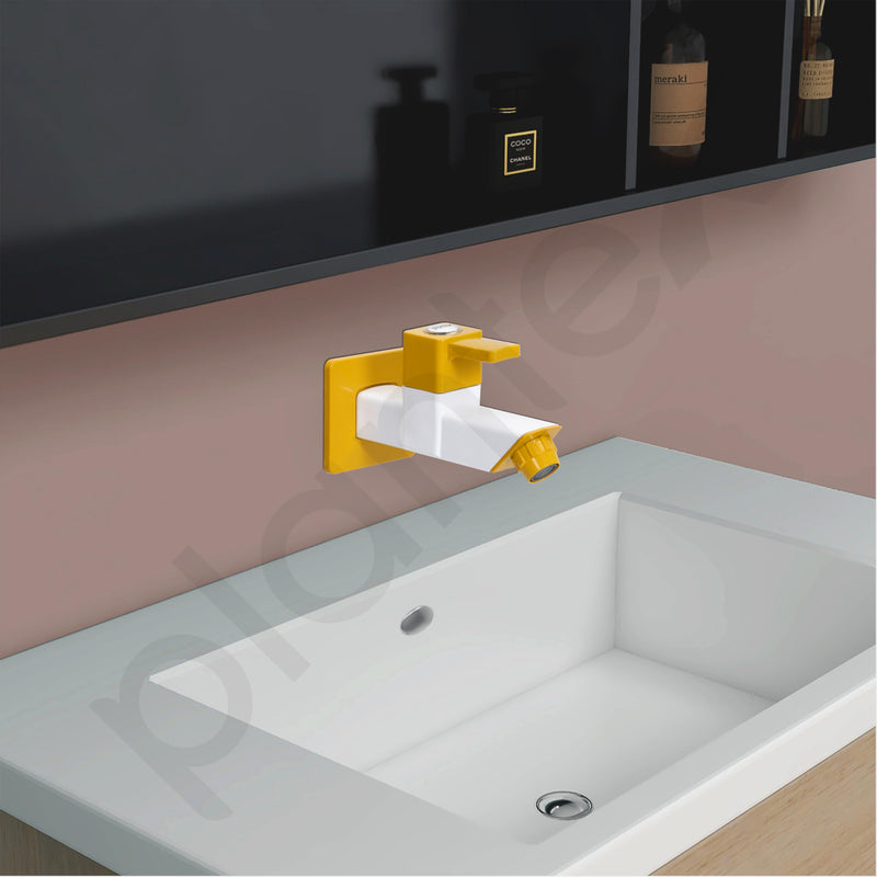 Plantex PTMT EDS-122 Single LeverPainted Bib Tap For Bathroom With Water Saving Aerator/Bib Cock For Bathroom With Plastic Wall Flange & Teflon Tape (Yellow & White)-2