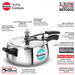 Hawkins 3.5 Litre Triply Contura Pressure Cooker, Triply Stainless Steel Induction & Contura shaped Cooker, Silver (SSTCO35)