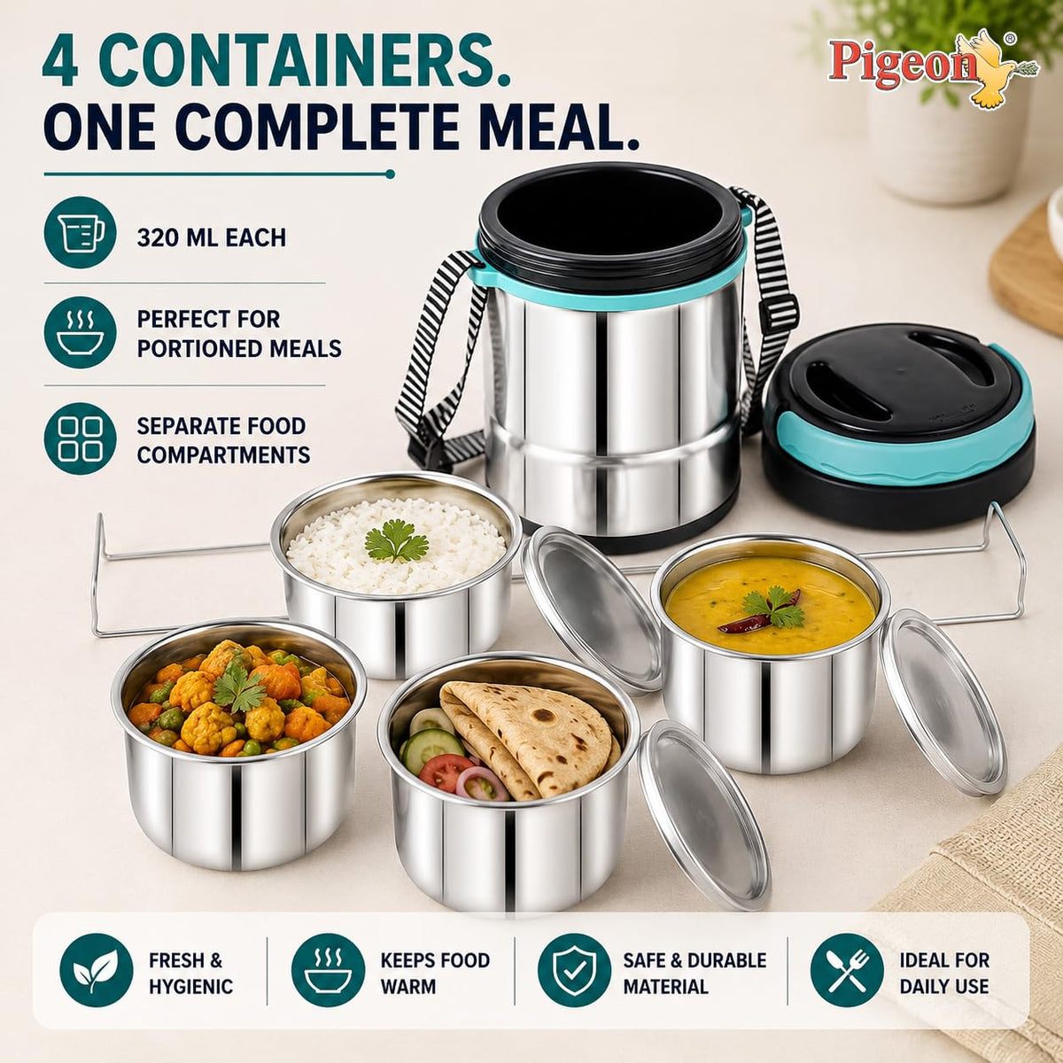 Pigeon HotBite Stainless Steel Insulated Lunch Box with 320 ml Food Containers, Hot and Cold
