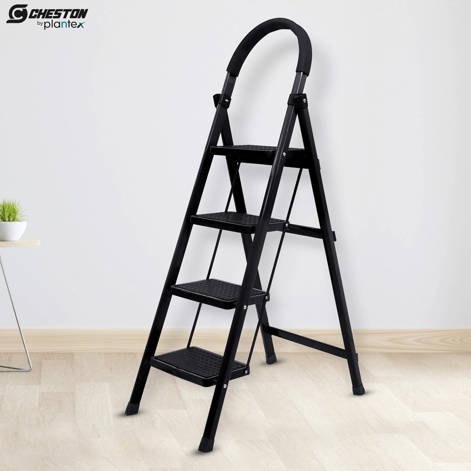 Plantex Cheston Premium GI Steel Foldable 4 Step Ladder for Home/Wide Anti Slip Steps (Black)