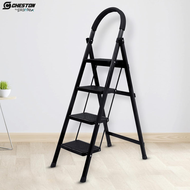 Plantex Cheston Premium GI Steel Foldable 4 Step Ladder for Home/Wide Anti Slip Steps (Black)