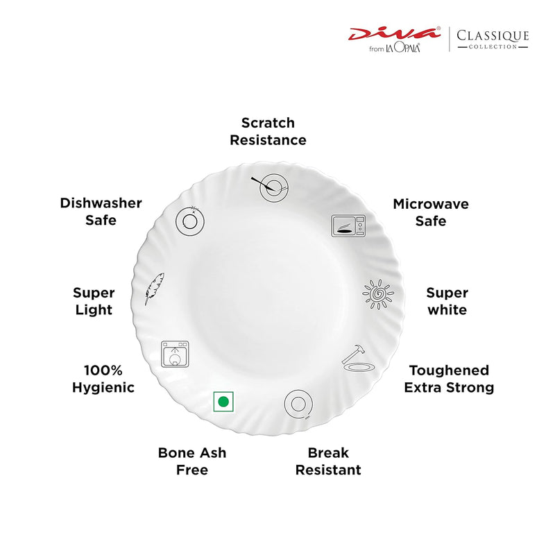 La Opala Diva Classique Collection Opal Glass Crockery | for Family of 6 | Dinner Set 21 pcs Royal Iris | Plates & Bowls for Dining | Microwave Safe | 100% Vegetarian | Extra Strong | White