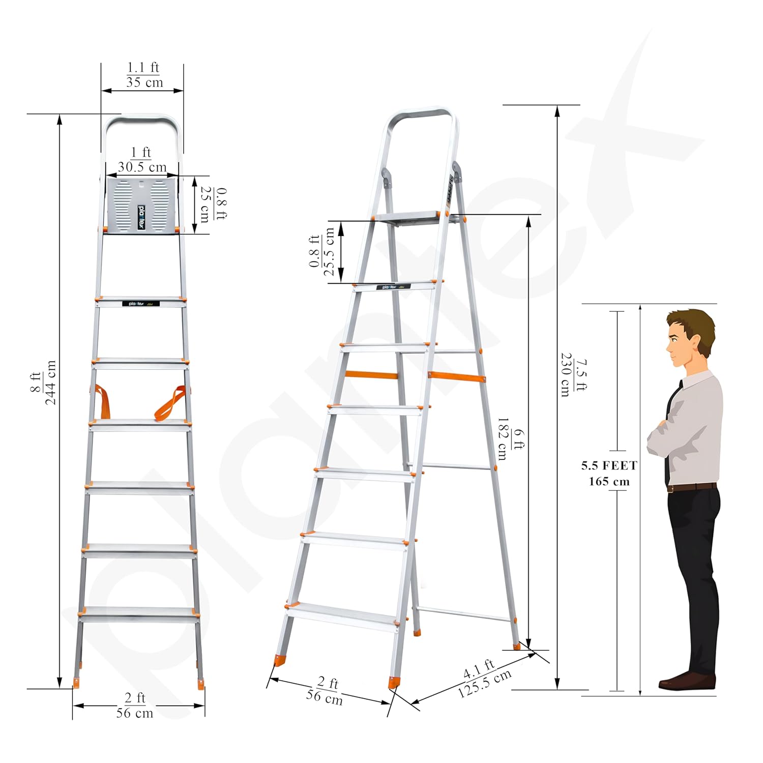 Plantex Legend Aluminium Folding 7 Step Ladder for Home - 7 Step Anti Skid Ladder/Wide Step Ladder (Orange-Chrome)
