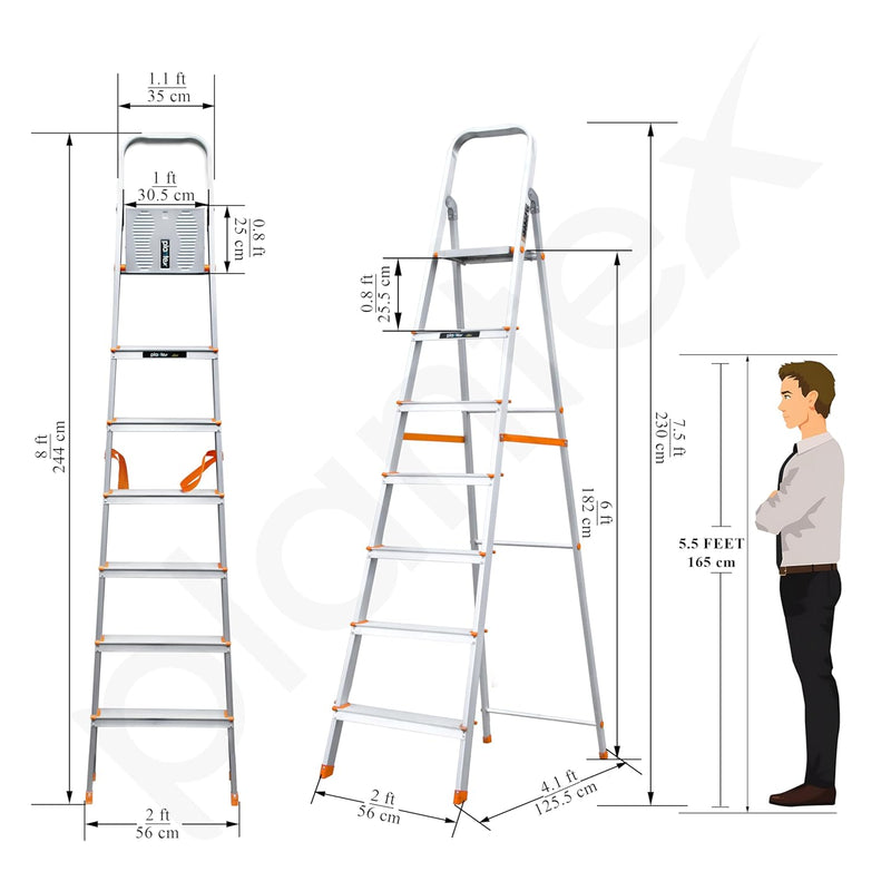 Plantex Legend Aluminium Folding 7 Step Ladder for Home - 7 Step Anti Skid Ladder/Wide Step Ladder (Orange-Chrome)