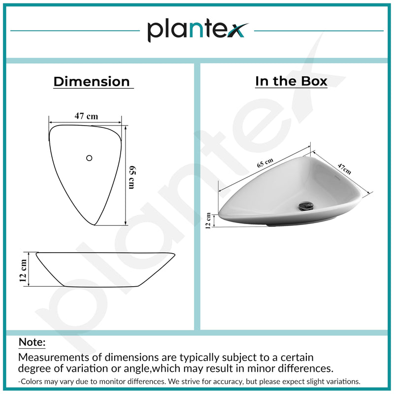 Plantex Ceramic Wash Basin/Triangle Basin with 10 Years Glaze Warranty by Plantex/Tabletop Wash Basin for Bathroom/Home/Office/Hotel - (White - 25.5 x 18.5 x 5 Inch)-3