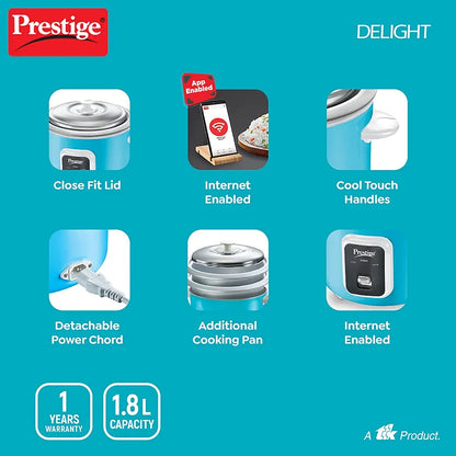 Prestige Delight Smart 1.8-2 Electric Rice Cooker|IOT & App Enabled|1.8 L Open Type|with Aluminium Cooking Pan -2U|Blue