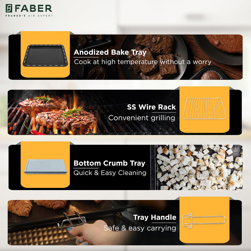 Faber FOTG 20L Neo|1400 Watts OTG|Bake,Toast, Grill| 4 Stage Functions,Upper & Lower Heating|Cool-Touch Handle, Heat Resistant Glass, Indicator Light, Auto-Shut, Ready Bell| Removable Crumb Tray