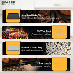Faber FOTG 20L Neo|1400 Watts OTG|Bake,Toast, Grill| 4 Stage Functions,Upper & Lower Heating|Cool-Touch Handle, Heat Resistant Glass, Indicator Light, Auto-Shut, Ready Bell| Removable Crumb Tray