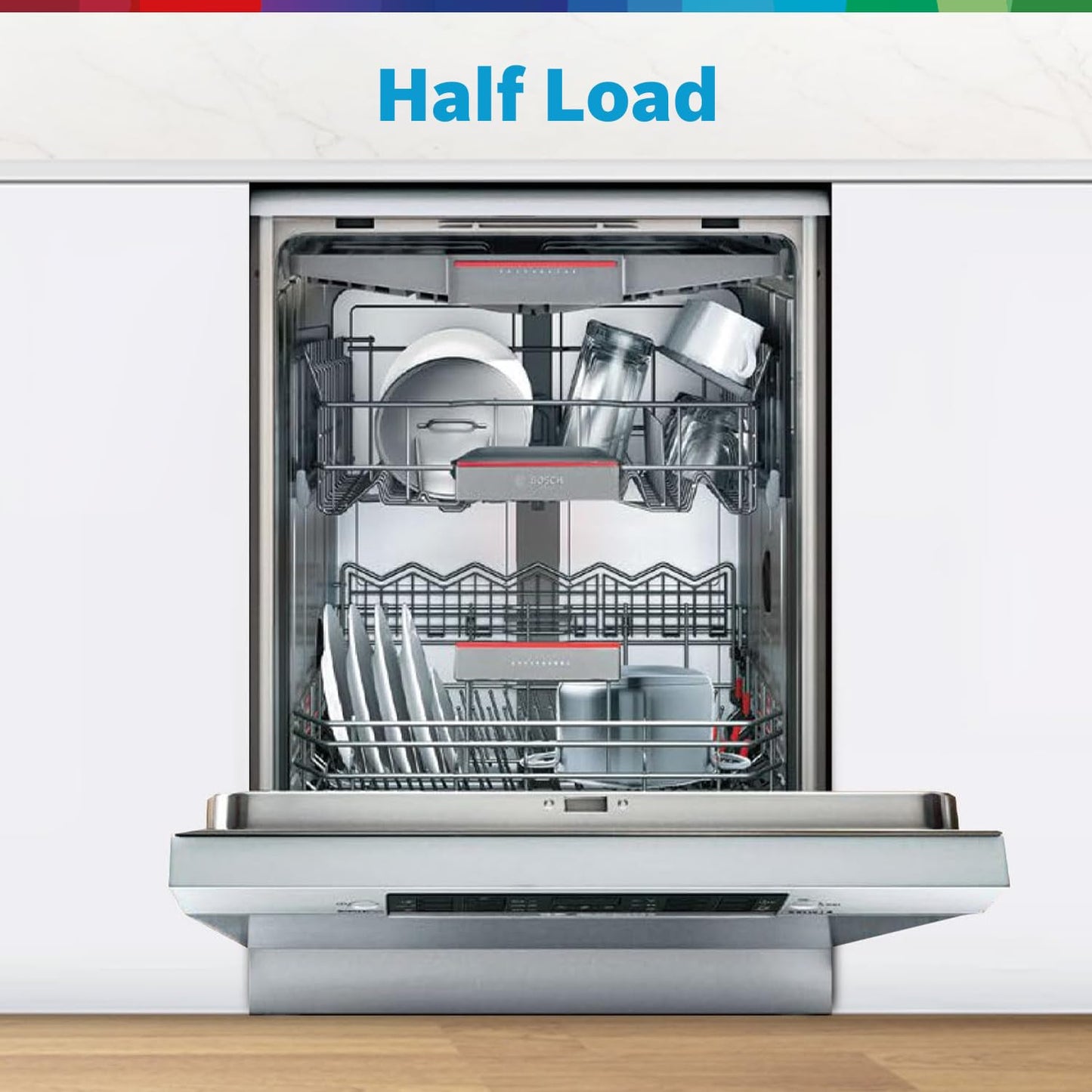 Bosch 14 Place Setting Dishwasher with Intensive Kadhai Program, 70⁰ Hot water wash, 3-Stage Adjustable Upper Rack, No Pre-Rinse (SMS46KI03I, Silver, Glass Protection Technology)