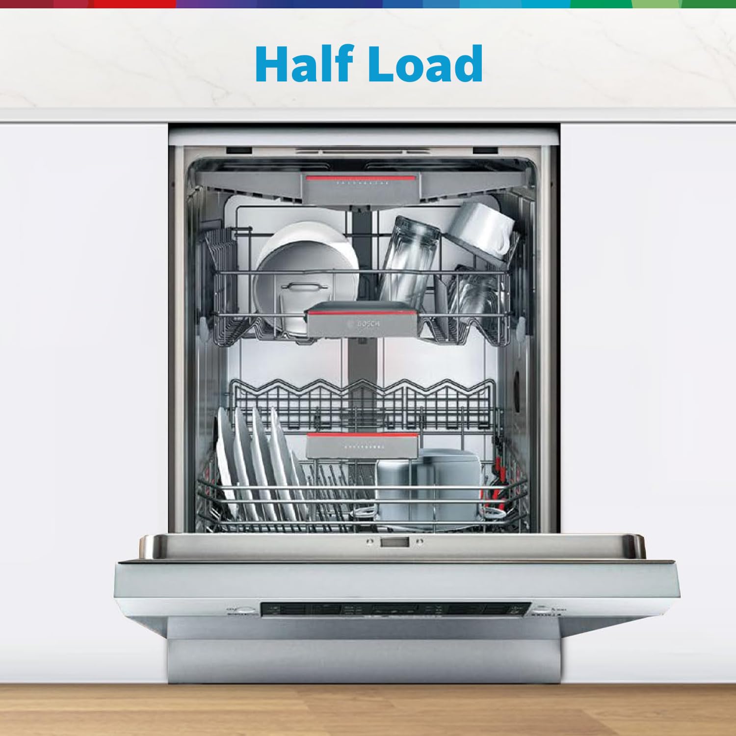 Bosch 14 Place Setting Dishwasher with Intensive Kadhai Program, 70⁰ Hot water wash, 3-Stage Adjustable Upper Rack, No Pre-Rinse (SMS46KI03I, Silver, Glass Protection Technology)