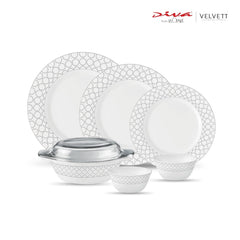 La Opala Diva Velvett Collection Opal Glass Crockery | for Family of 6 | Dinner Set 35 pcs Pearl Grey | Plates & Bowls for Dining | Microwave Safe | 100% Vegetarian | Extra Strong | Light & White
