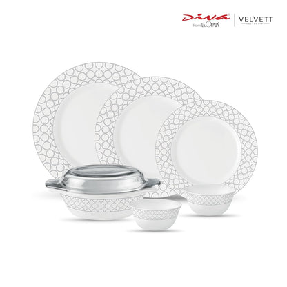 La Opala Diva Velvett Collection Opal Glass Crockery | for Family of 6 | Dinner Set 35 pcs Pearl Grey | Plates & Bowls for Dining | Microwave Safe | 100% Vegetarian | Extra Strong | Light & White