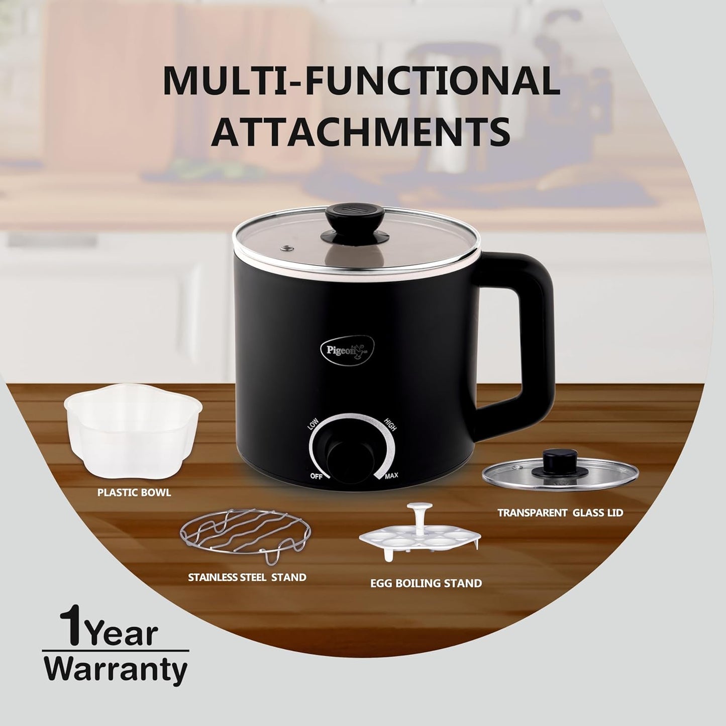 Pigeon By Stovekraft Swift Multi-Cook Kettle 1.5L, Egg Rack - Black | Double Layered | Food Grade Stainless Steel Inner Wall | Glass Lid | Auto Shut-Off, 600 Watts