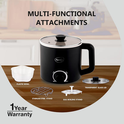 Pigeon By Stovekraft Swift Multi-Cook Kettle 1.5L, Egg Rack - Black | Double Layered | Food Grade Stainless Steel Inner Wall | Glass Lid | Auto Shut-Off, 600 Watts