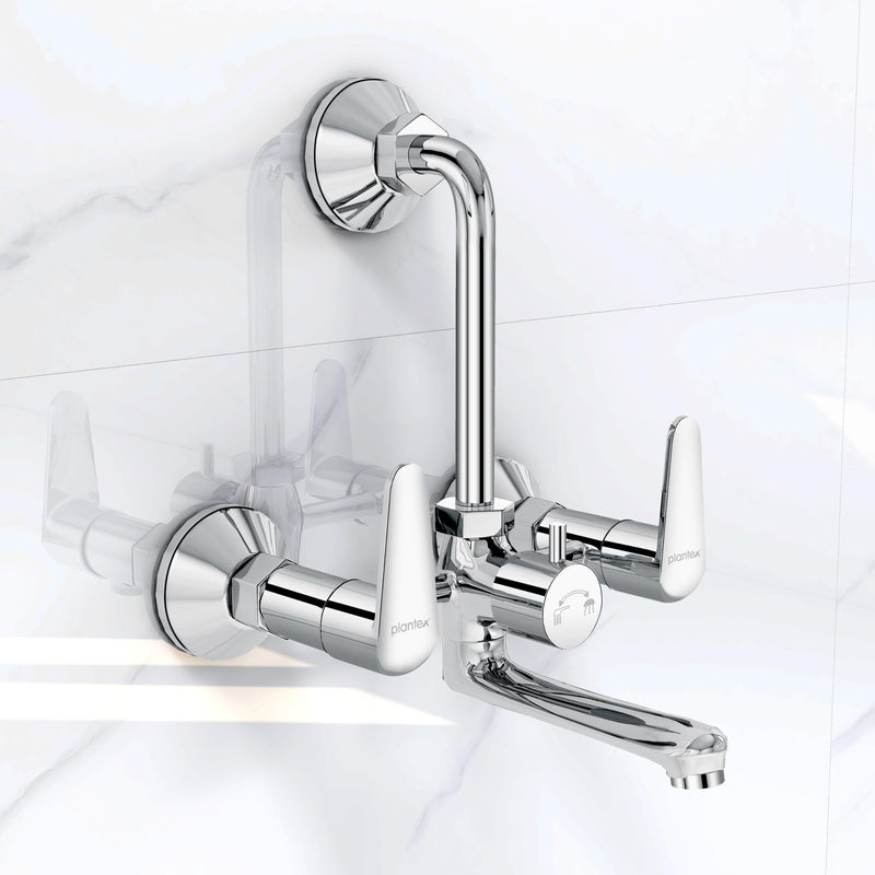 Plantex Pure Brass Wall Mixer for Bathroom 2 in 1 with L-Bend Connector/Tap Mixer/Nickel Chrome Mirror Finish Mixture Tap with Water Saving Aerotor - (DOL-2320-Chrome)-1