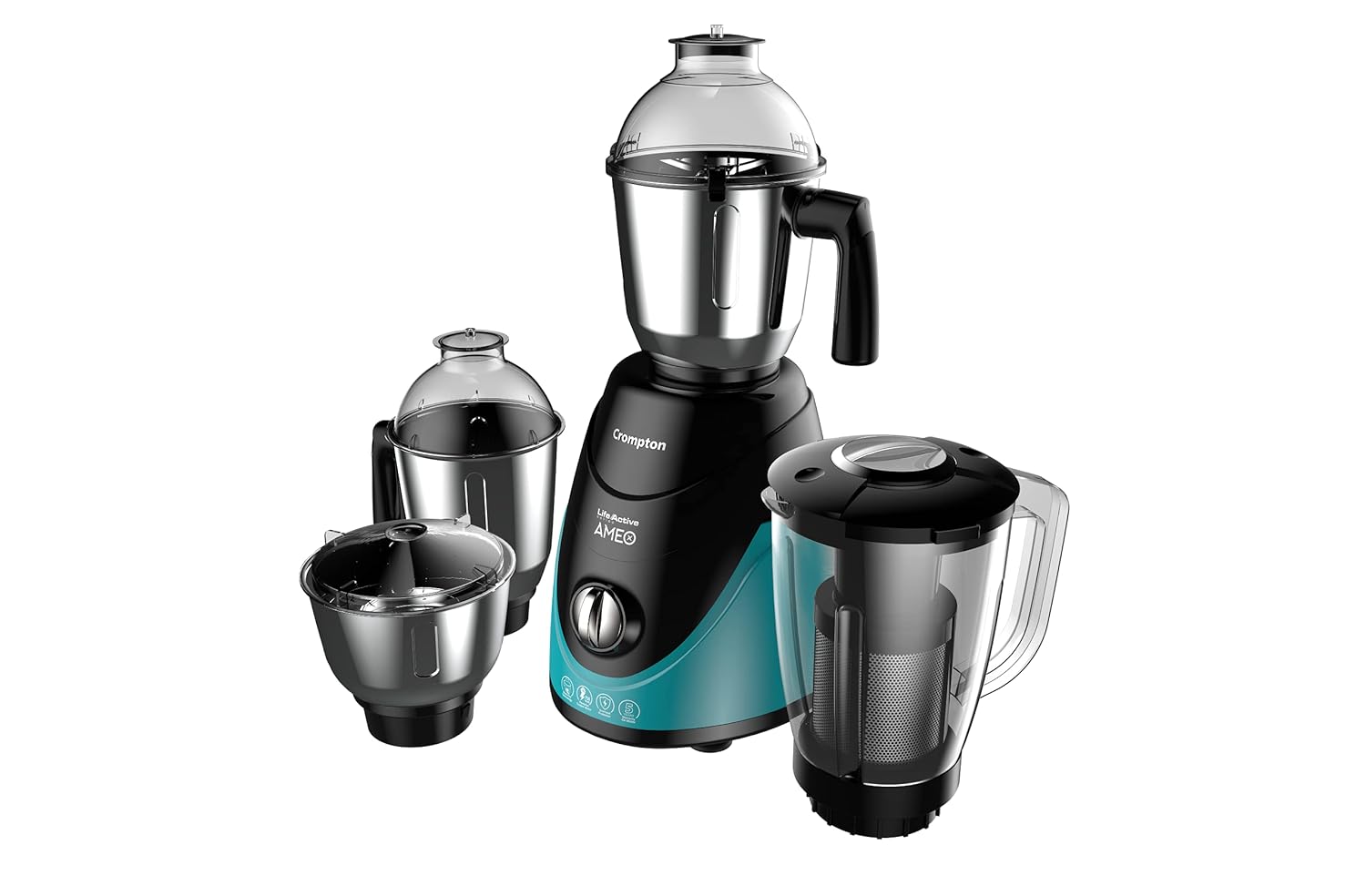 Crompton Ameo 750-Watt Mixer Grinder with MaxiGrind and Motor Vent-X Technology (3 Stainless Steel Jars and 1 Juicer Jar, Black & Green) (AMEO-4JARS), 2 Years Warranty.