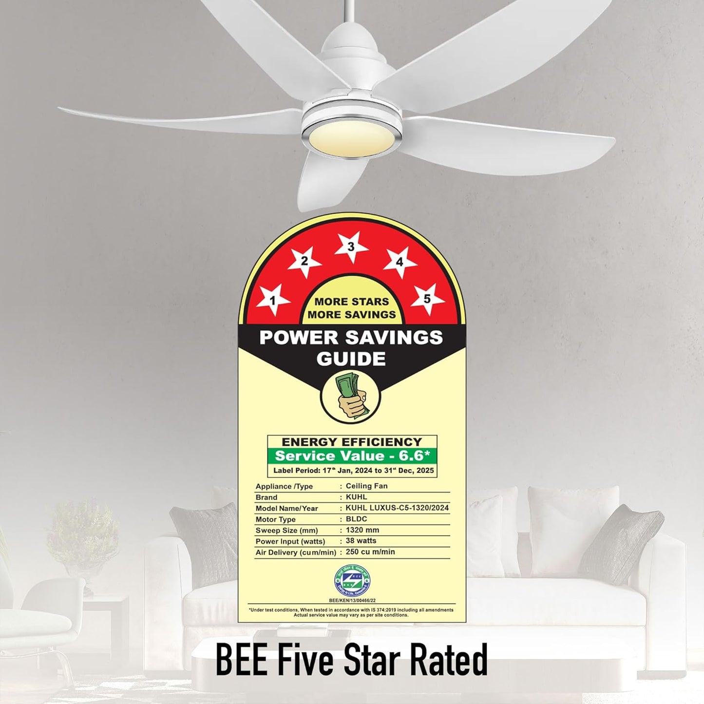 KUHL Luxus C5 1320mm Stylish 65% Power Saving BLDC Ceiling Fan with Remote|Night & Down Light|29W|BEE 5 Rated & ISI Marked|LowNoise|IoT Operate via Mobile & Alexa|Reverse Mode|Free Installation|White