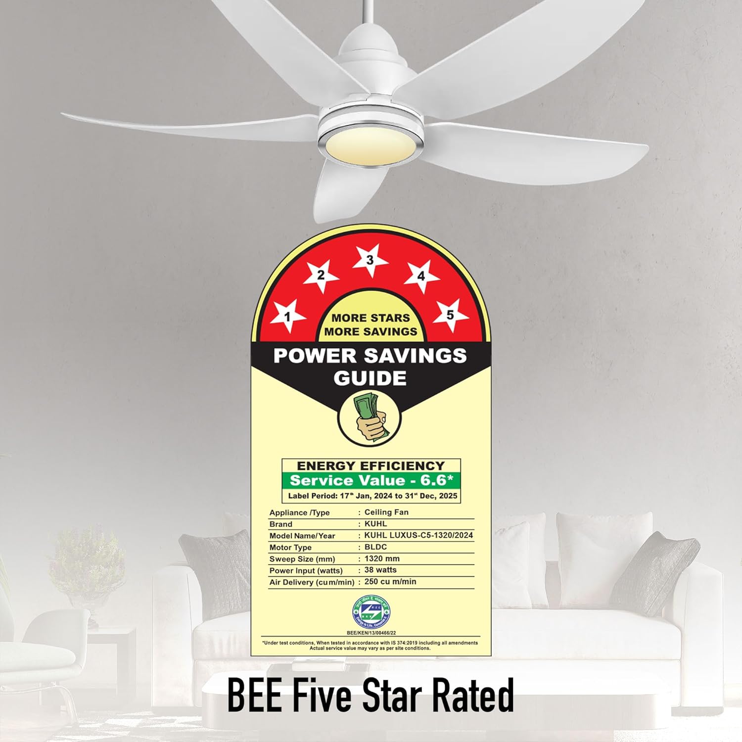 KUHL Luxus C5 1320mm Stylish 65% Power Saving BLDC Ceiling Fan with Remote|Night & Down Light|29W|BEE 5 Rated & ISI Marked|LowNoise|IoT Operate via Mobile & Alexa|Reverse Mode|Free Installation|White