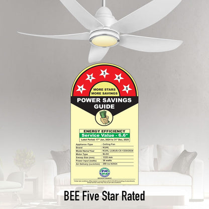 KUHL Luxus C5 1320mm Stylish 65% Power Saving BLDC Ceiling Fan with Remote|Night & Down Light|29W|BEE 5 Rated & ISI Marked|LowNoise|IoT Operate via Mobile & Alexa|Reverse Mode|Free Installation|White