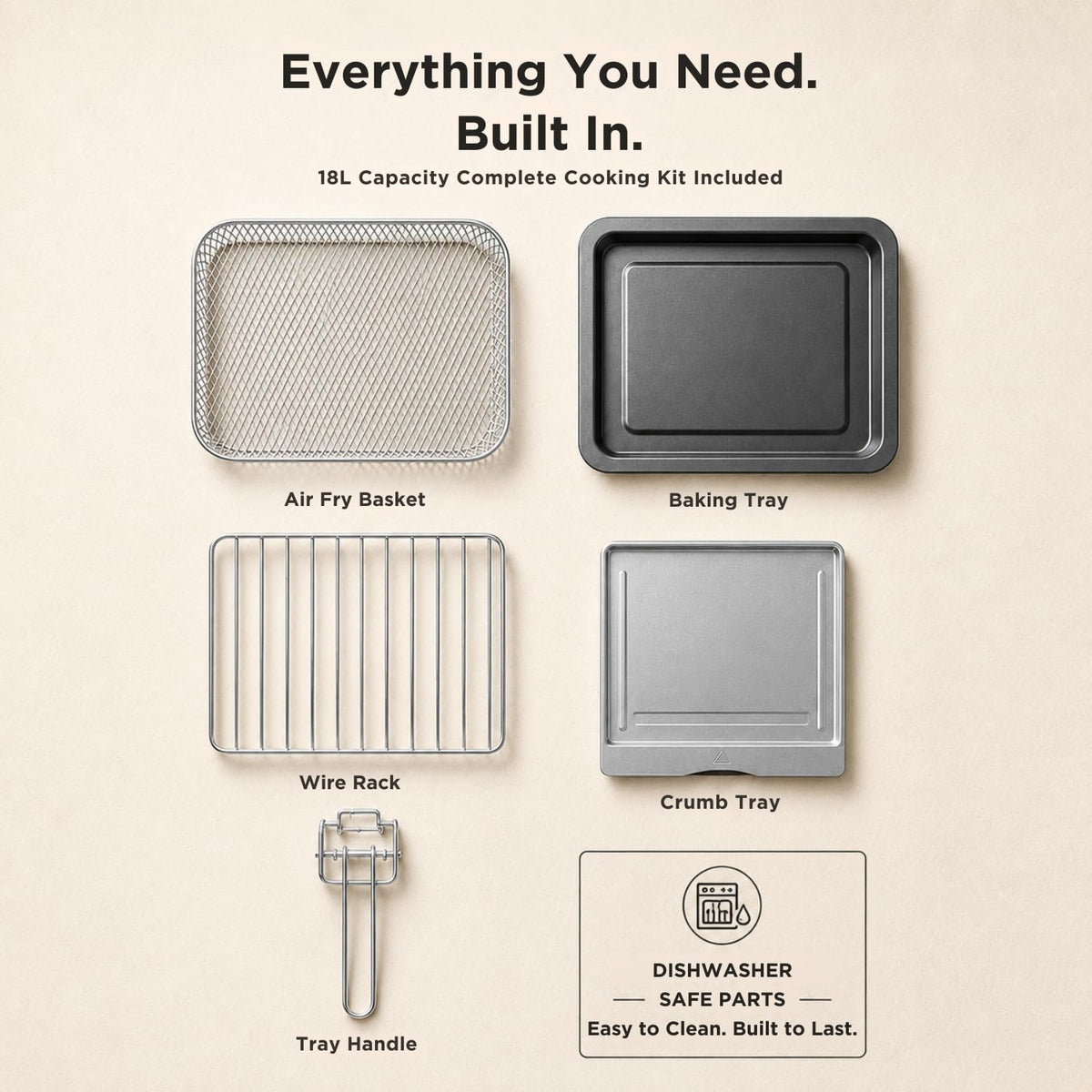Faber Air Fryer Oven 18L 1500W | Bake Tray, Tray Handle & Crumb Tray | Dishwasher safe removable parts |6 Preset Auto Pr