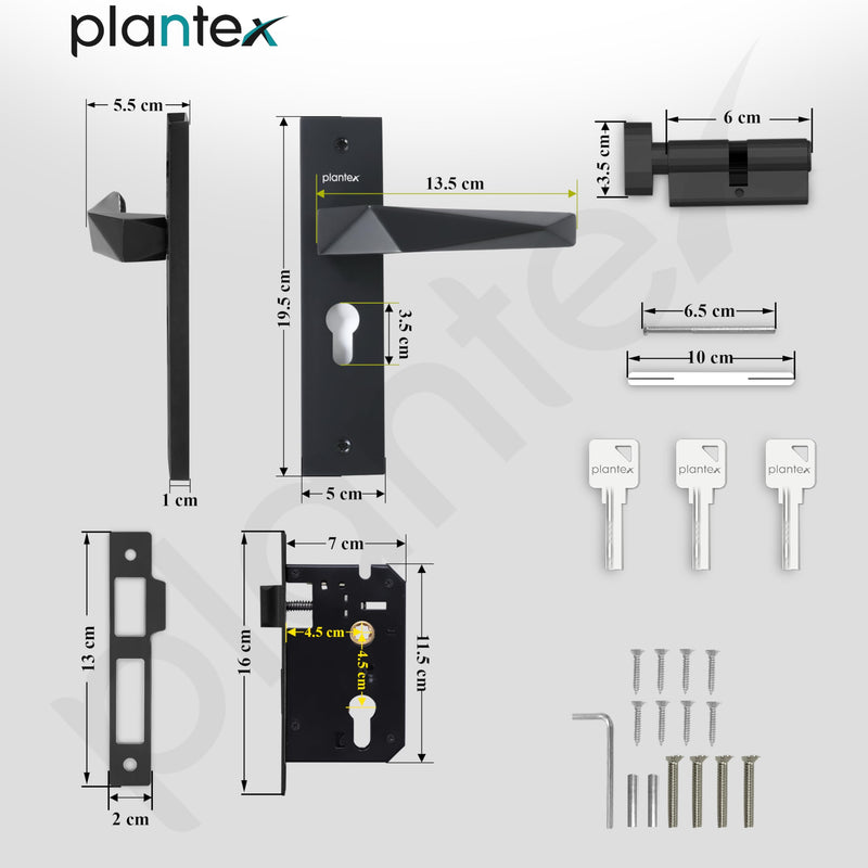 Plantex Heavy-Duty Door Lock Handle Set/6-Lever Lock Mechanism with 3 Years of Warranty/Mortise Lock with 3 Keys, Brass Lock Body & Cylinder - (Z-Black)-6