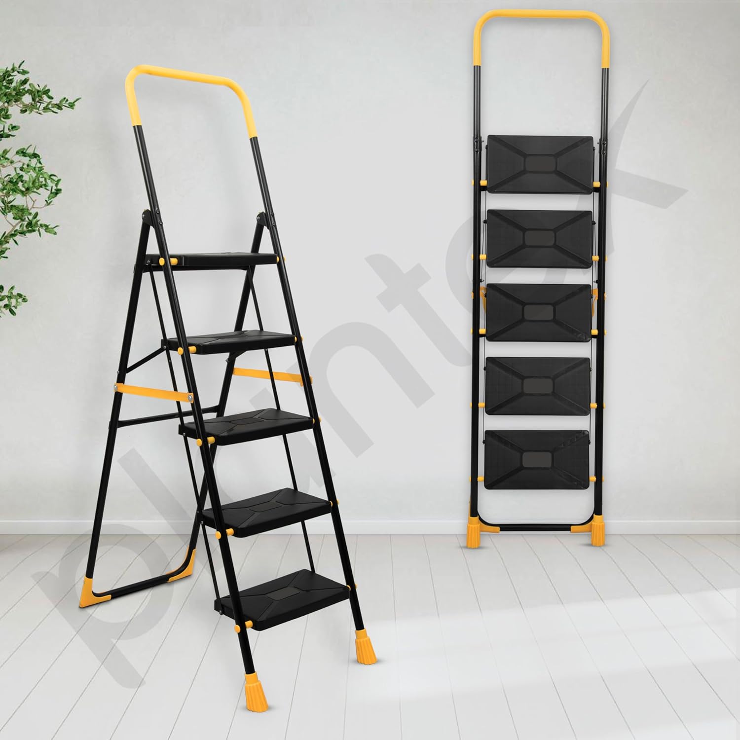 Plantex Premium Steel 5 Step Foldable Ladder for Home use/Folding Step Ladder with Anti Slip Steps and PVC Shoes/Portable ladders with Knee Guard Protection (Yellow & Black)