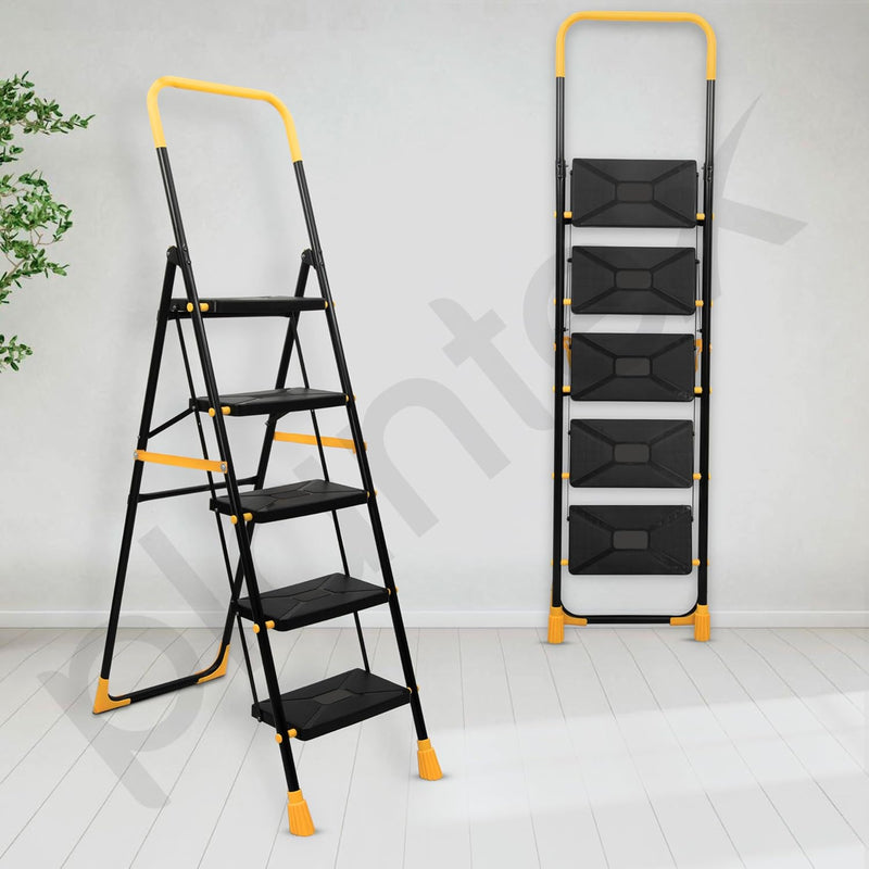 Plantex Premium Steel 5 Step Foldable Ladder for Home use/Folding Step Ladder with Anti Slip Steps and PVC Shoes/Portable ladders with Knee Guard Protection (Yellow & Black)