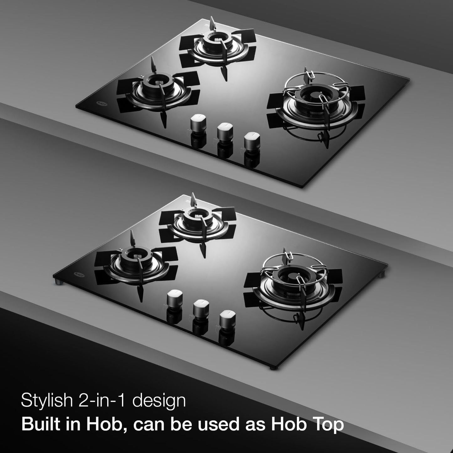 KAFF HBR 603 Built-in Hob/Hobtop 3 Burners, Auto Electric Ignition Glass Top, 60 CM, Powerful Brass Burners, 8 MM Thick Toughened Glass, Enamelled Matt Grills (Black)