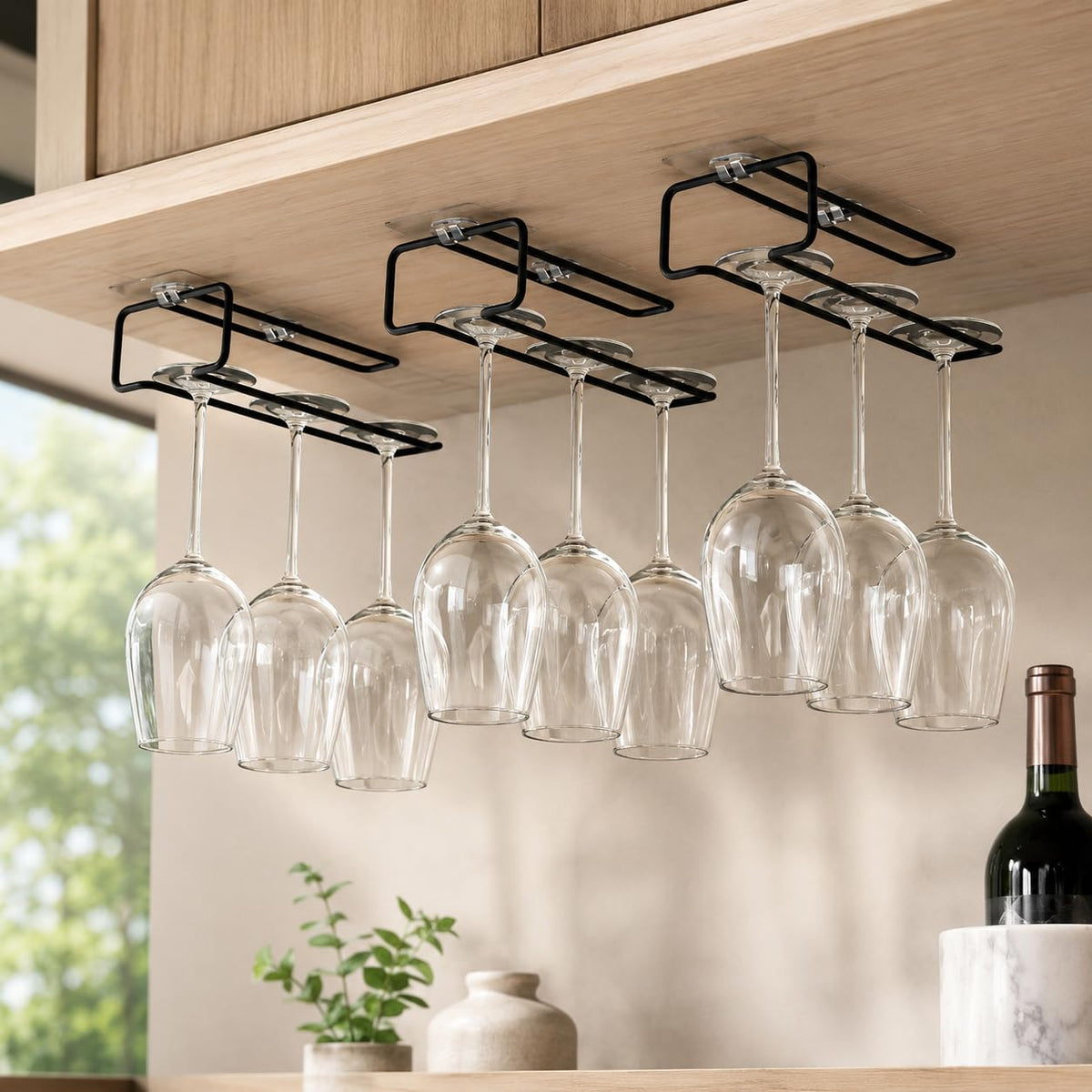 Plantex Wine Glass Holder Hanging Rack/Under Cabinet Stemware Storage Stand with Self Adhesive Installation/Wine Glass Organizer for Kitchen, Home Bar & Pubs (Black, Pack of 3)