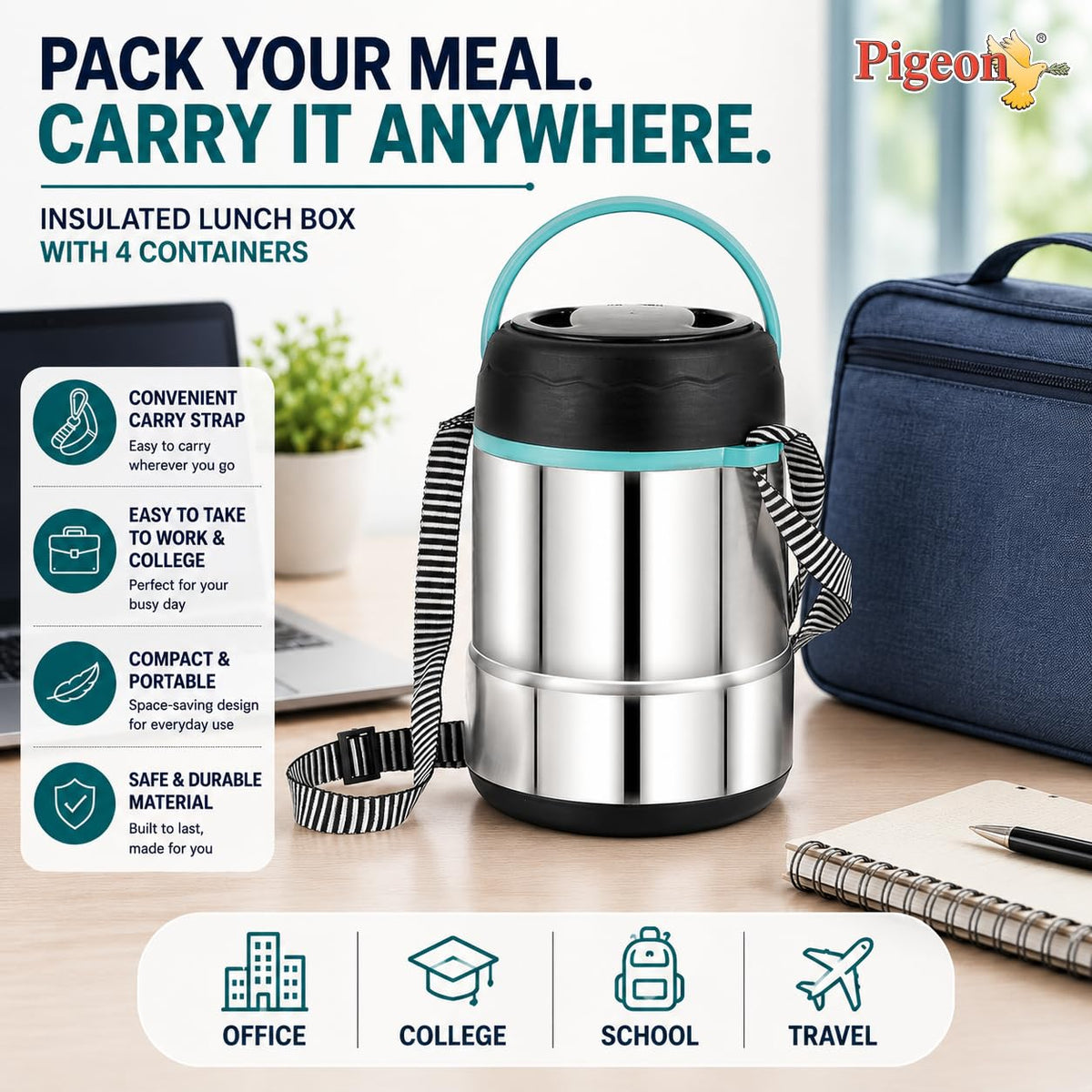 Pigeon HotBite Stainless Steel Insulated Lunch Box with 320 ml Food Containers, Hot and Cold