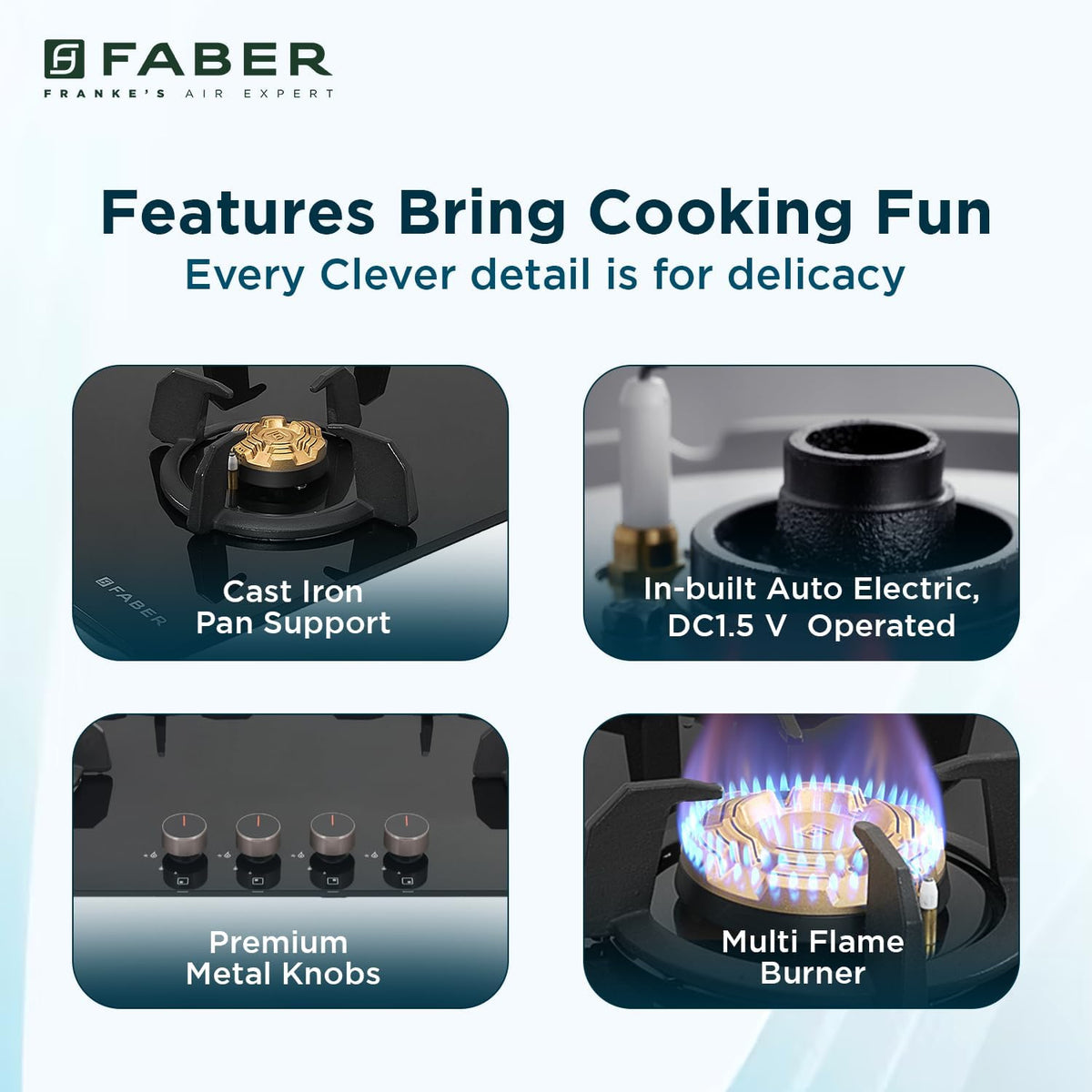 Faber 4 Burner 90cm Hob/Cooktop Hybrid | Auto-Ignition| Metal Knobs|Cast Iron Pan Support|Black Glass Finish |5 Yrs Warr