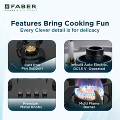 Faber 4 Burner 90cm Hob/Cooktop Hybrid | Auto-Ignition| Metal Knobs|Cast Iron Pan Support|Black Glass Finish |5 Yrs Warr