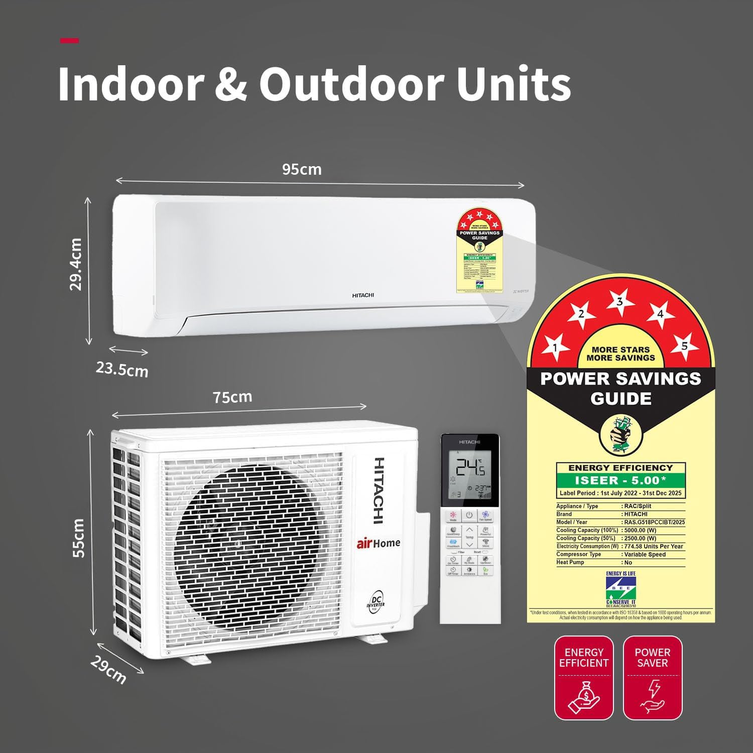 Hitachi 1.5 Ton 5 Star Xpandable+ Inverter Split AC (100% Copper, Smart Display, 4-Way Swing, ice Clean, Dust Filter, 5400STXL RAS.G518PCCIBT, White)