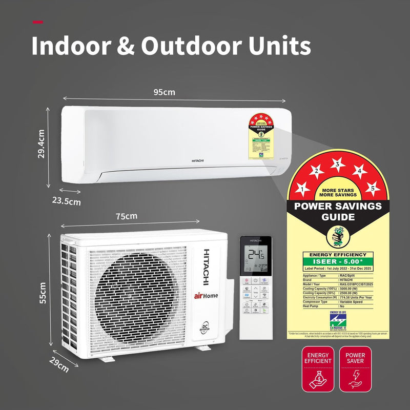 Hitachi 1.5 Ton 5 Star Xpandable+ Inverter Split AC (100% Copper, Smart Display, 4-Way Swing, ice Clean, Dust Filter, 5400STXL RAS.G518PCCIBT, White)