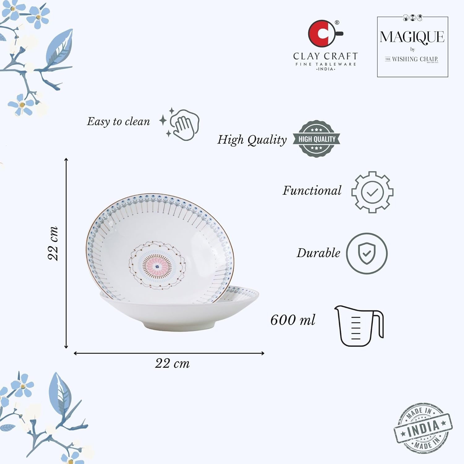 Magique by The Wishing Chair x ClayCraft : River of Flowers Coupe Pasta Plates Set of 2 | Ceramic Coupe Plates | Elegant Dinnerware for Pasta Salads Serving | Dishwasher Safe
