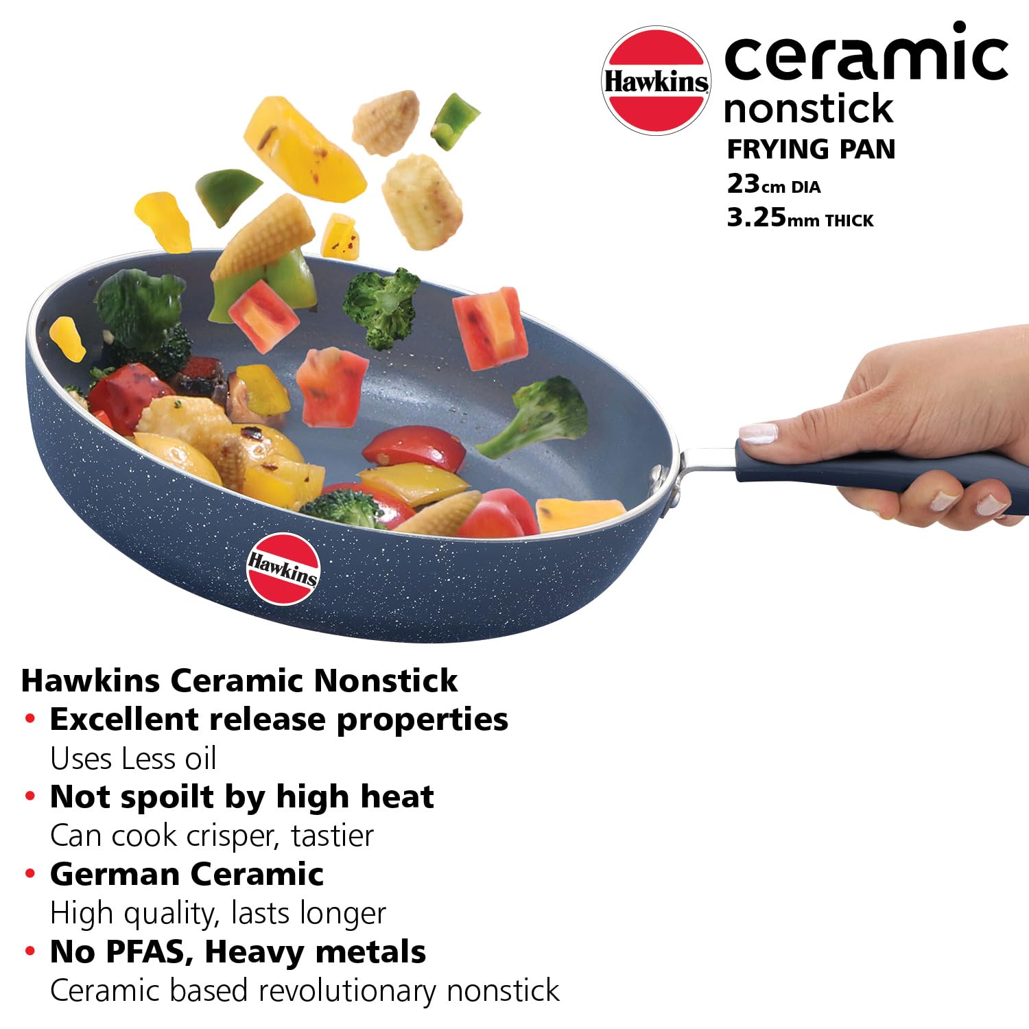 Hawkins Ceramic Nonstick Frying Pan, 23 cm Diameter, Induction Fry Pan, Granite Omlette Egg Pan, Fish Pan, Blue (ICF23)