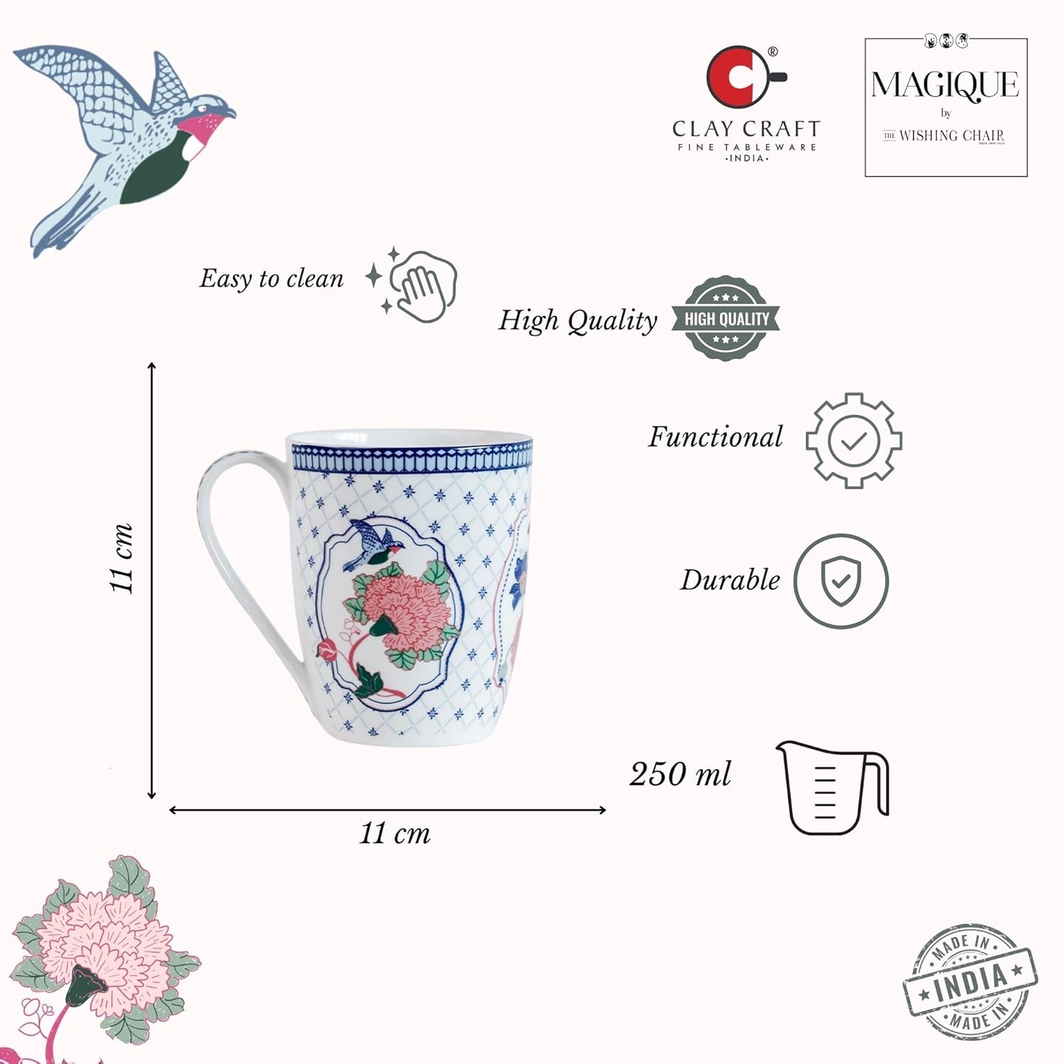 Magique by The Wishing Chair x ClayCraft : Window Jahanara Ceramic Coffee Mug 300ml | Fine China Milk Tea Cup | Elegant Floral Mug for Home Office Gifting | Microwave & Dishwasher Safe