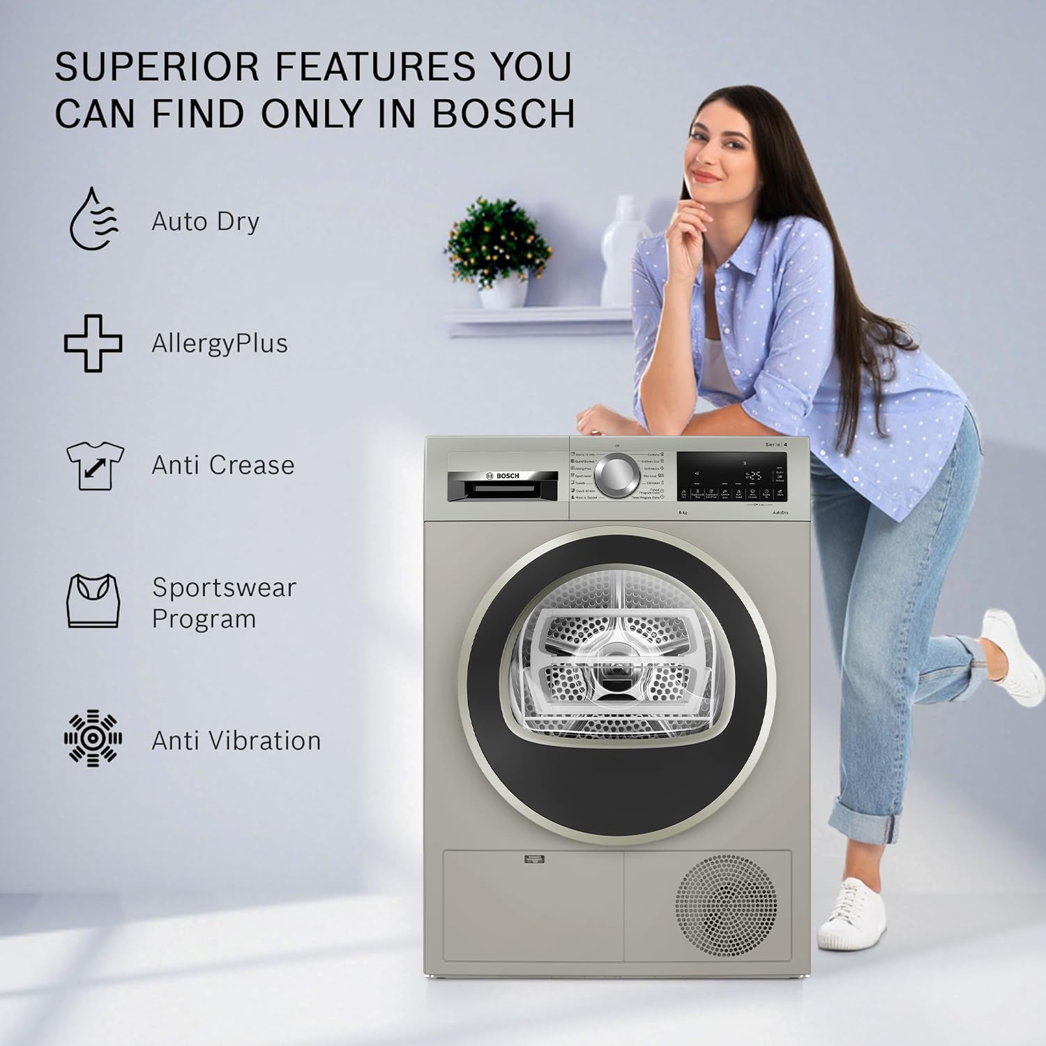 Bosch 8 kg Fully Automatic Front Load Condenser Tumble Dryer (WPG23108IN, 5 Drying Options, 14 Programs, Allergy Plus, 100% Drying with 0% Effort, Inbuilt Heater, Silver)
