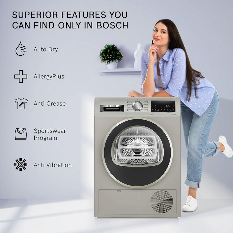 Bosch 8 kg Fully Automatic Front Load Condenser Tumble Dryer (WPG23108IN, 5 Drying Options, 14 Programs, Allergy Plus, 100% Drying with 0% Effort, Inbuilt Heater, Silver)