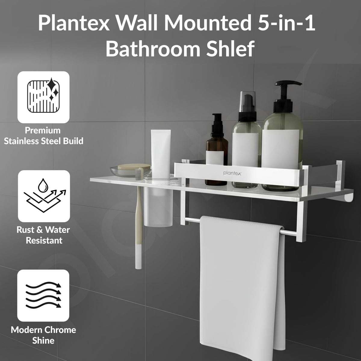 Plantex Stainless Steel 4in1 Multipurpose Bathroom Shelf/Bathroom Steel Rack with Soap Dish, Towel Rod and Tumbler Holder-Chrome (18x5 inches)-3