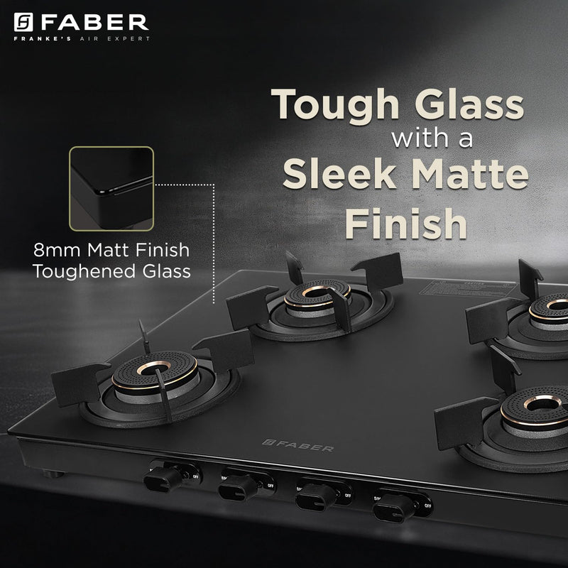 Faber Nebula Black Matt Finish Cooktop |4 Brass Burners - Jumbo, 2 Medium & Small | Manual Ignition| Heavy Pan Support w