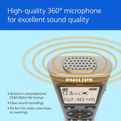 Philips DVT1170 VoiceTracer, Audio Recorder, 8GB, Micro SD Card Slot, 360° Microphone for Excellent Sound